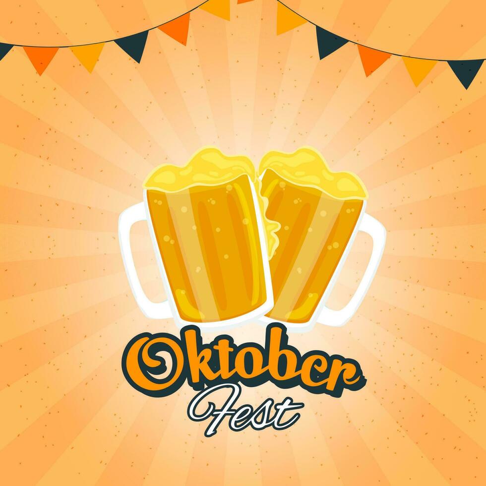 Oktoberfest Festival Concept With Beer Mugs And Bunting Flags On Orange Rays Background. vector
