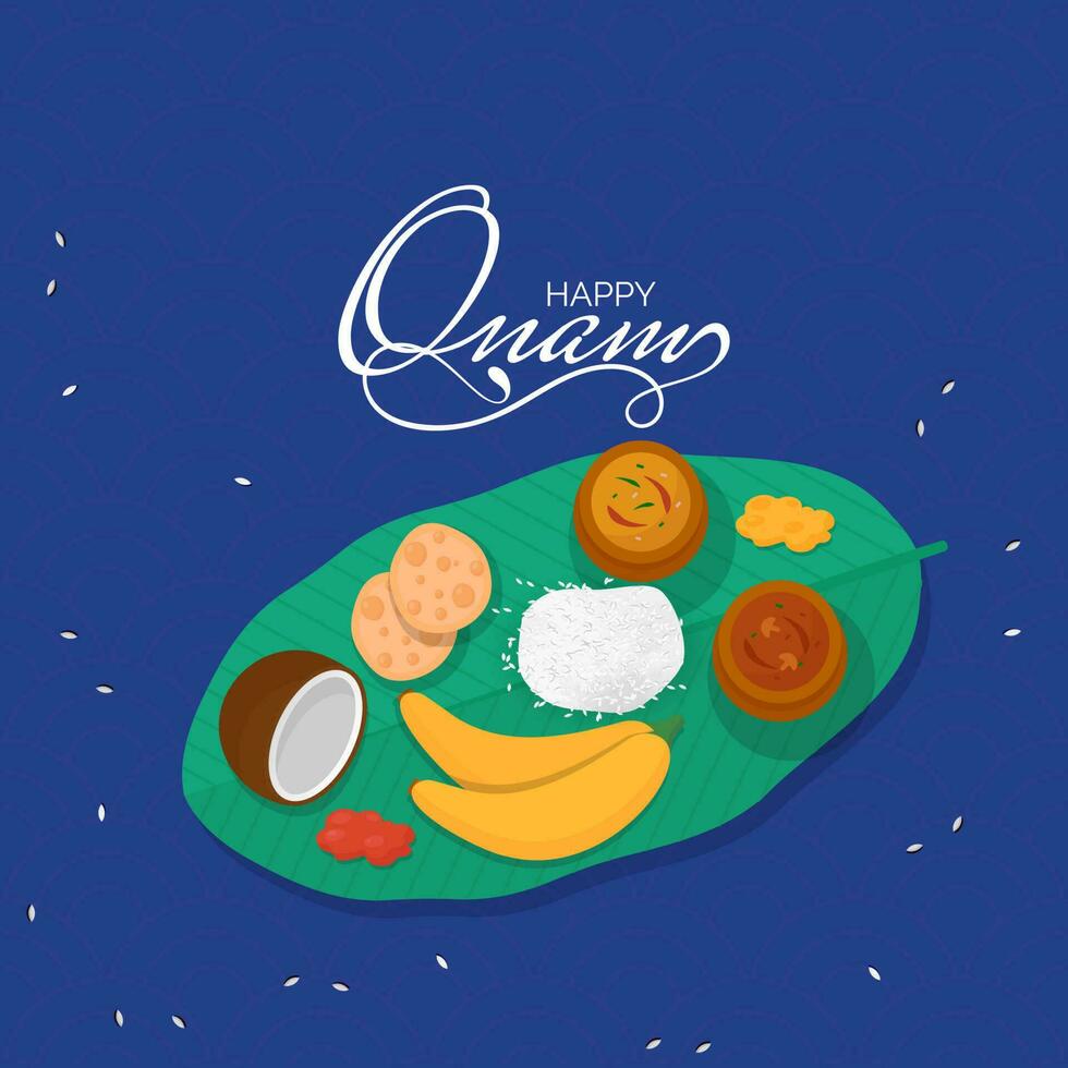 contento onam celebracion póster diseño con parte superior ver de comida en azul antecedentes. vector