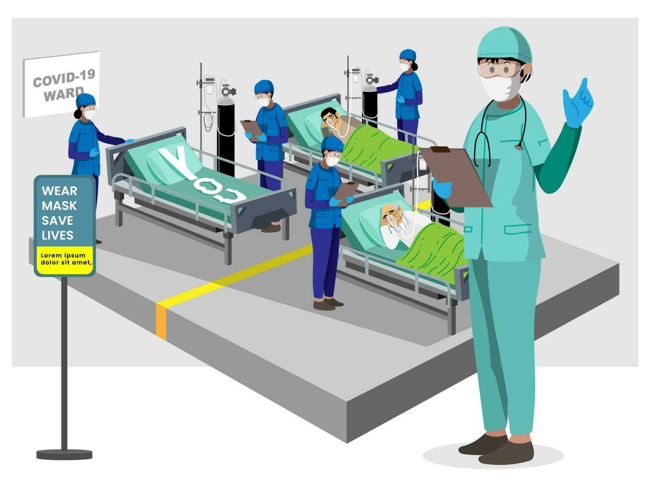 Stay Home, We Don't Want You Here Concept With Medical Staff And Patients In Covid-19 Ward. vector