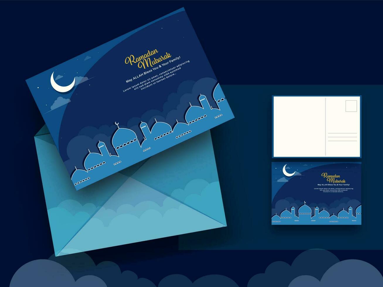 Ramadan Mubarak Greeting Card Or Letter With Envelope On Blue Background. vector