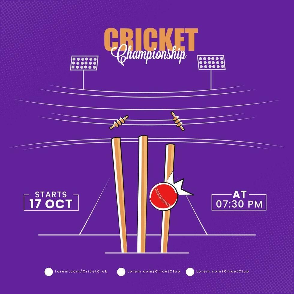 Cricket Championship Concept With Ball Hitting Wicket Stumps On Purple Stadium Background. vector