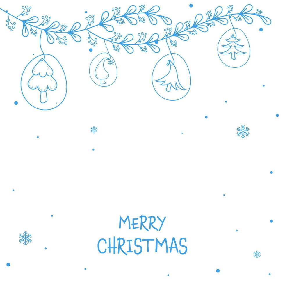 Merry Christmas Concept With Blue Linear Style Xmas Tree Hang, Berry Leaf Branch On Blue Background. vector