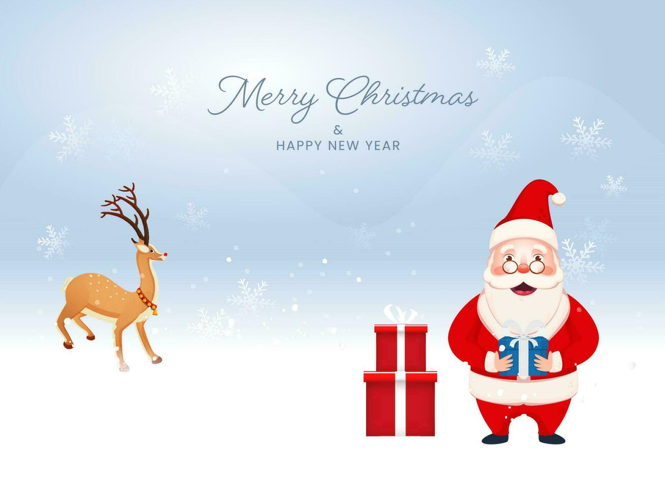 Merry Christmas And New Year Poster Design With Cute Santa Claus Holding Gift Box And Reindeer Illustration On Blue And White Snowflake Background. vector