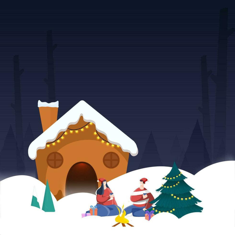 Faceless Young Couple Enjoying Drinks In Front Of Bonfire With Xmas Tree And Snowy House On Blue Background. vector