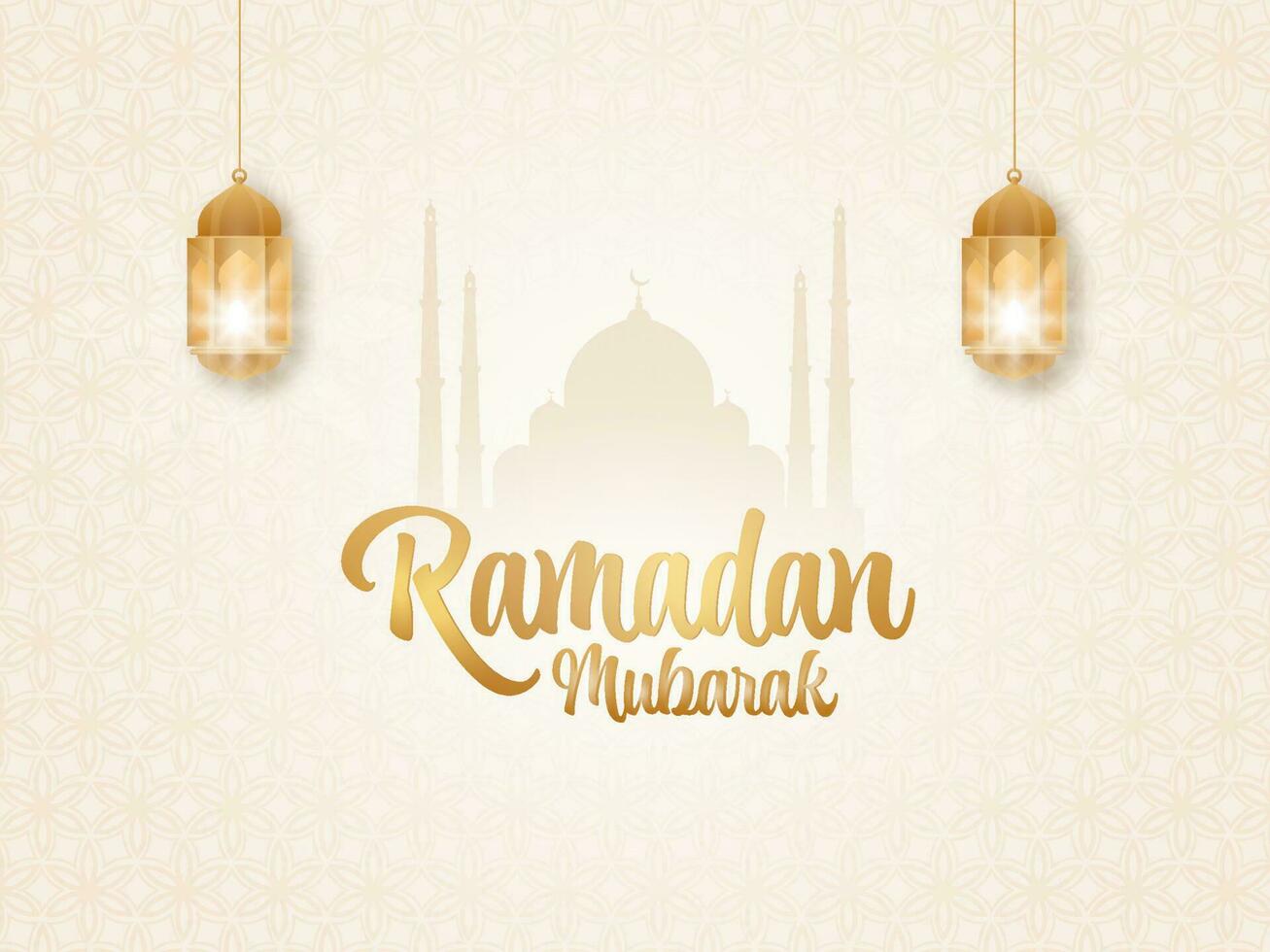 Golden Ramadan Mubarak Font With Illuminated Lanterns Hang And Silhouette Mosque On Islamic Pattern Background. vector