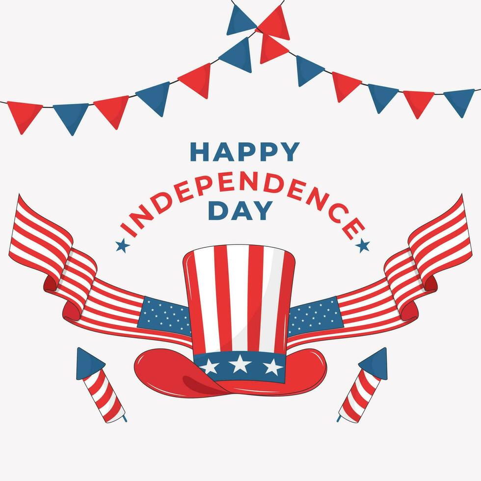 Happy Independence Day Concept With Uncle Sam Hat, American Flag Ribbon And Firework Rockets On White Background. vector