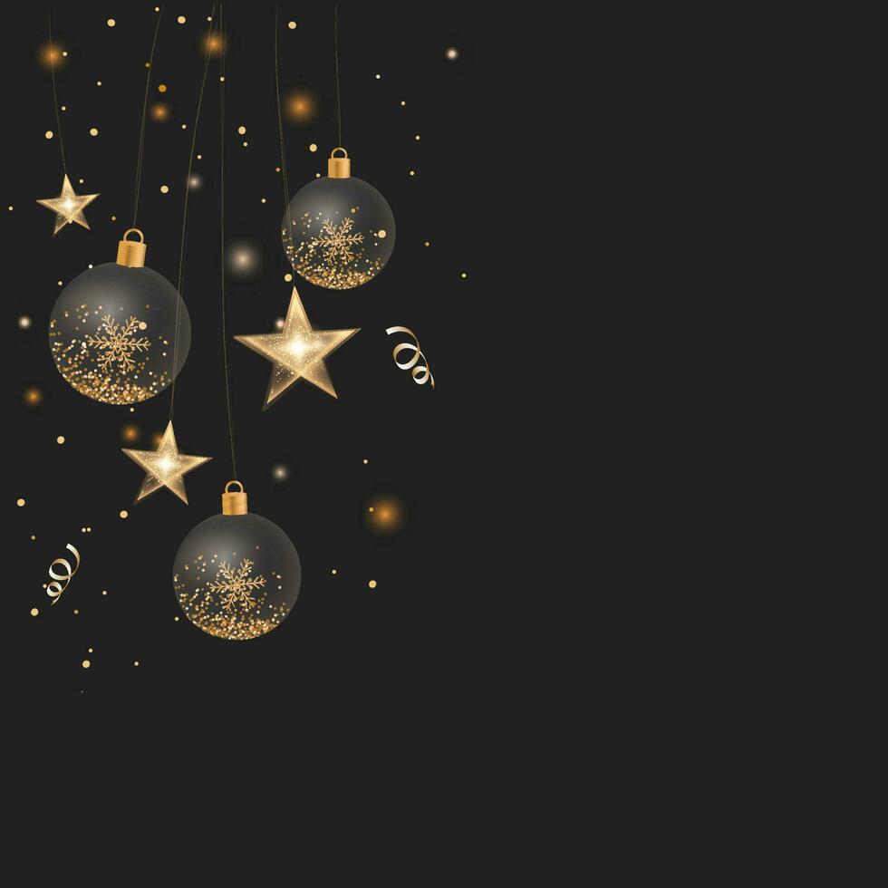 Golden Snowflakes Inside 3D Transparent Baubles Hang With Star String Lights On Black Background. vector