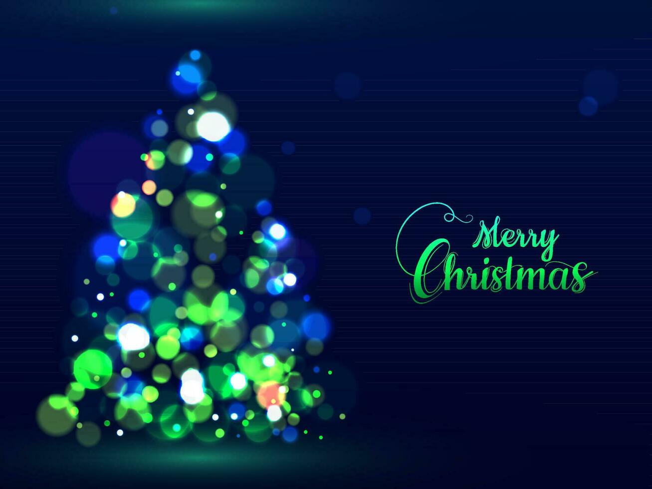 Green calligraphy text Merry Christmas and creative Xmas tree made by bokeh effect on blue background can be used as greeting card design. vector