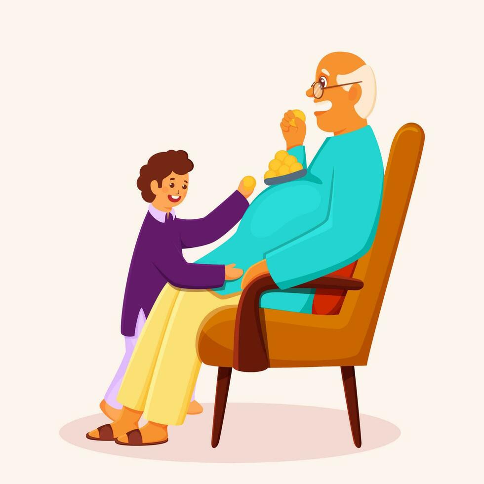 Cheerful Grandpa And Grandson Eating Indian Sweet On Pastel Pink Background. vector