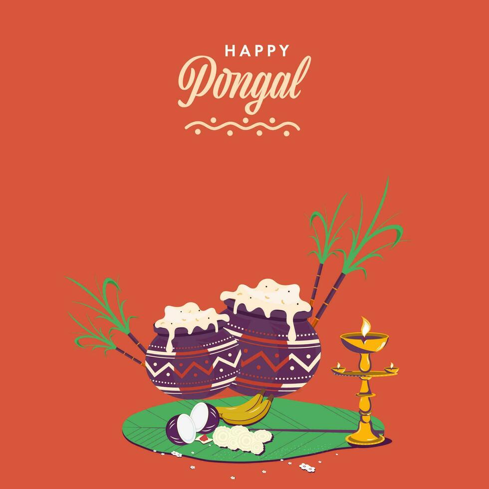 Happy Pongal Poster Design With Mud Pots Of Traditional Dish Rice, Sugarcane, Lit Oil Lamp Stand And Fruit Over Banana Leaf On Orange Background. vector