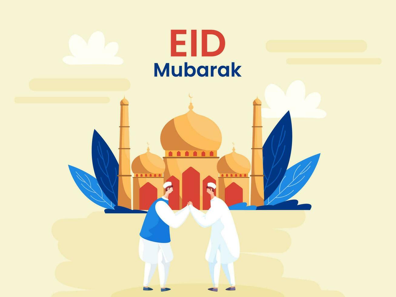 eid Mubarak concepto con dos musulmán hombres saludo a cada otro en frente de mezquita ilustración en amarillo antecedentes. vector