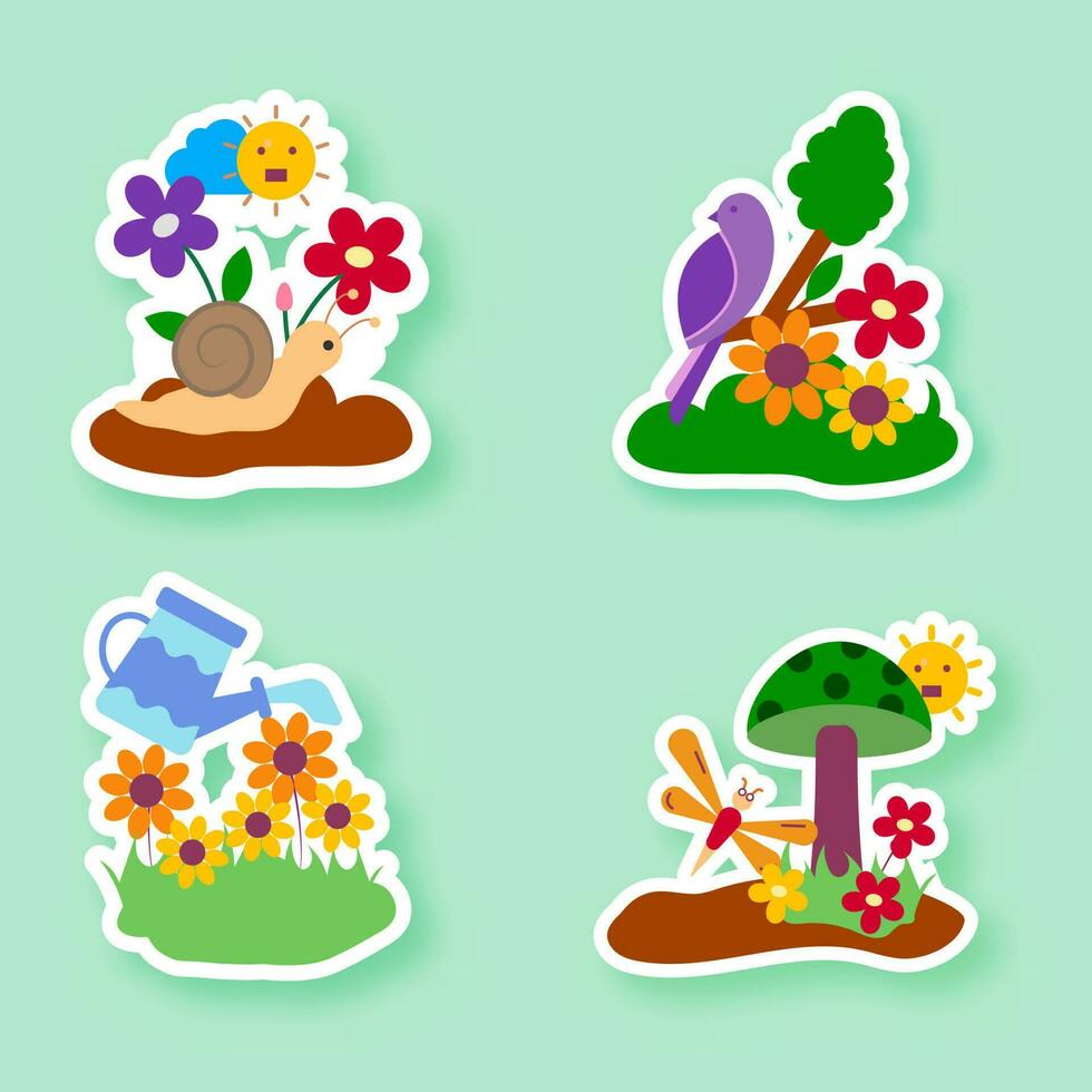 Sticker Style Floral Or Spring Set On Green Background. vector