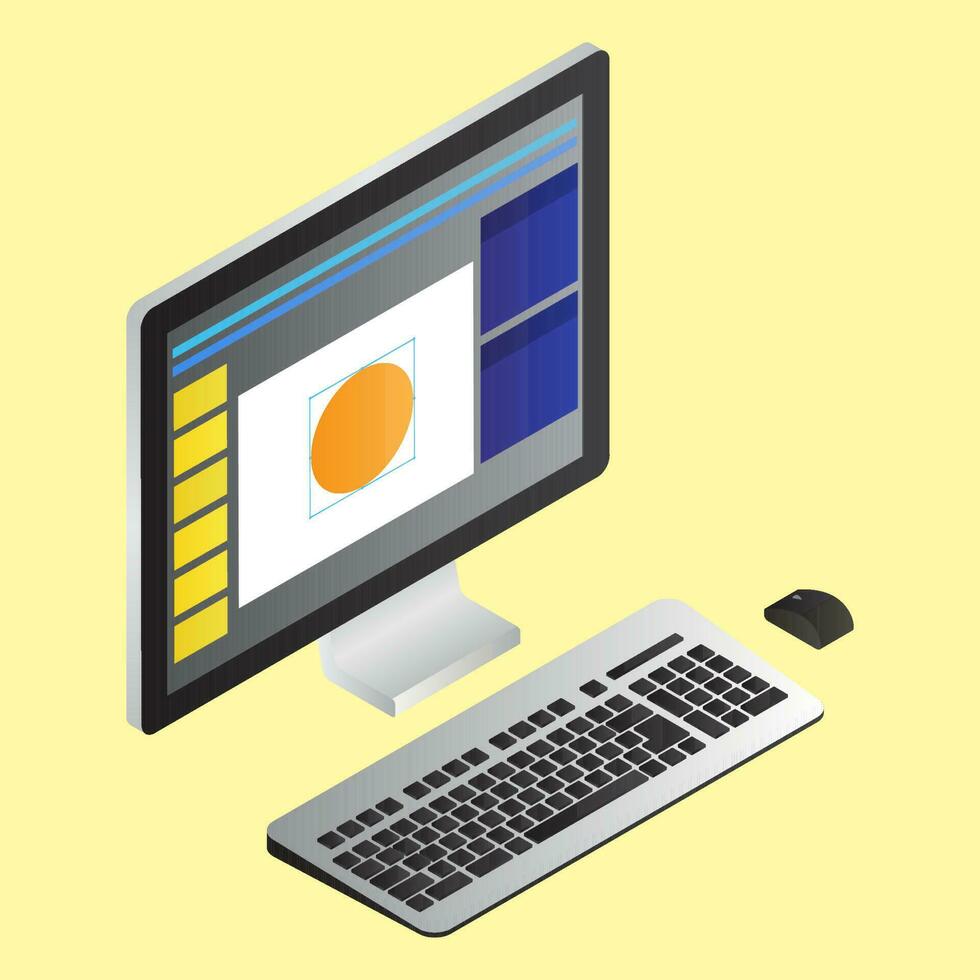 Web designing app on computer screen with keyboard and mouse on yellow background in 3d style. vector
