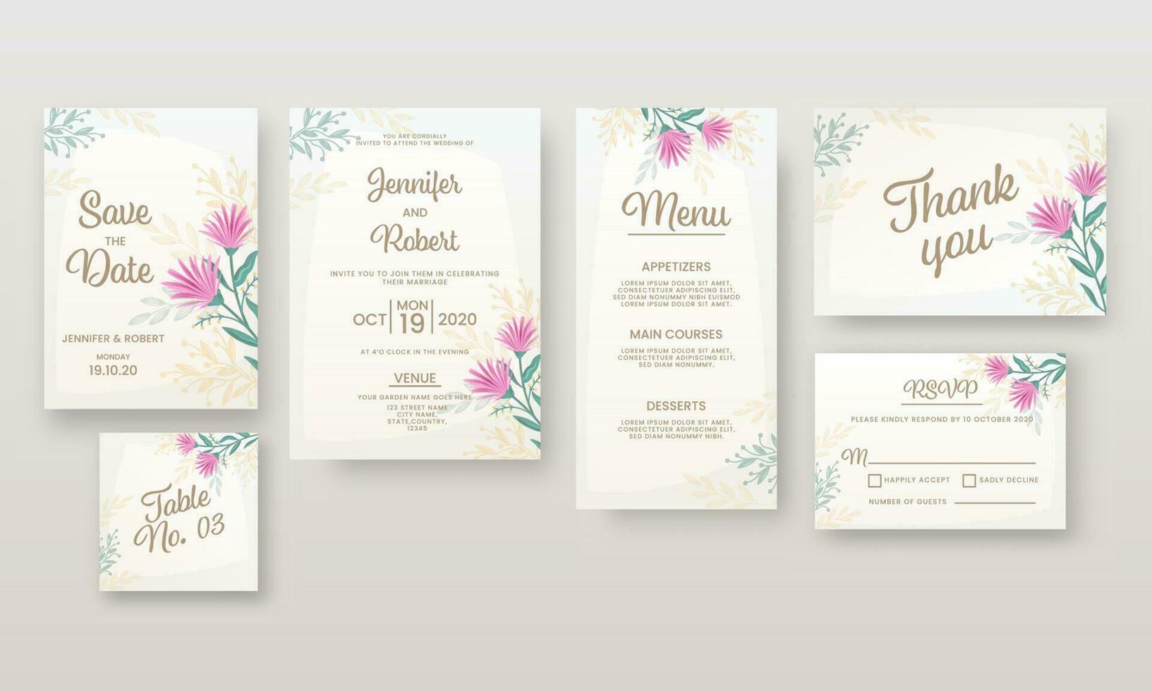 Boda invitación o modelo diseño me gusta como salvar el fecha, evento, menú, mesa No, gracias usted y rsvp tarjeta. vector