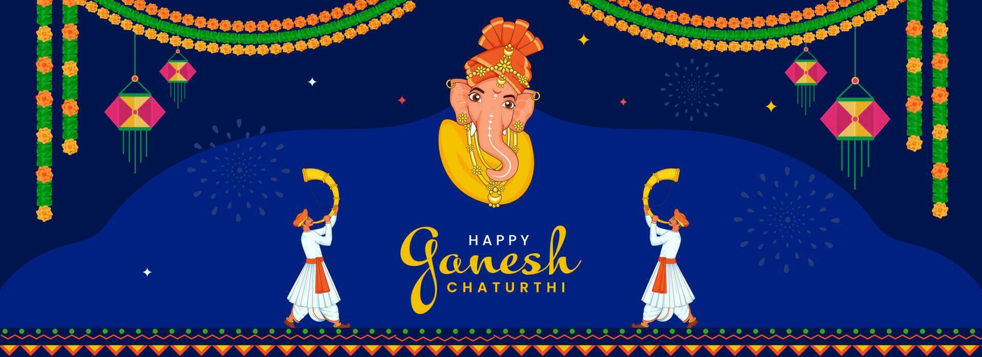 Happy Ganesh Chaturthi Concept With Lord Ganesha Face And Maharashtrian Men Blowing Tutari Horn On Blue Background. vector