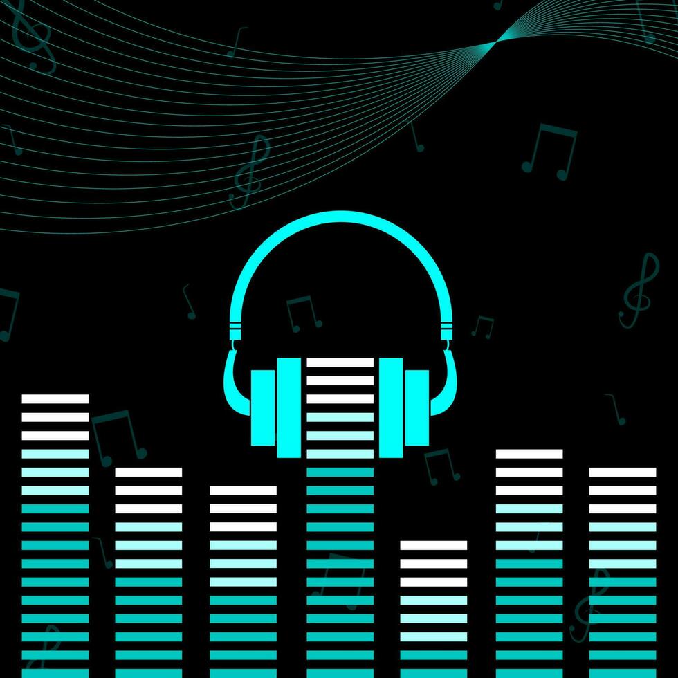 Music Equalizer Background With Headphone In Cyan And Black Color. vector