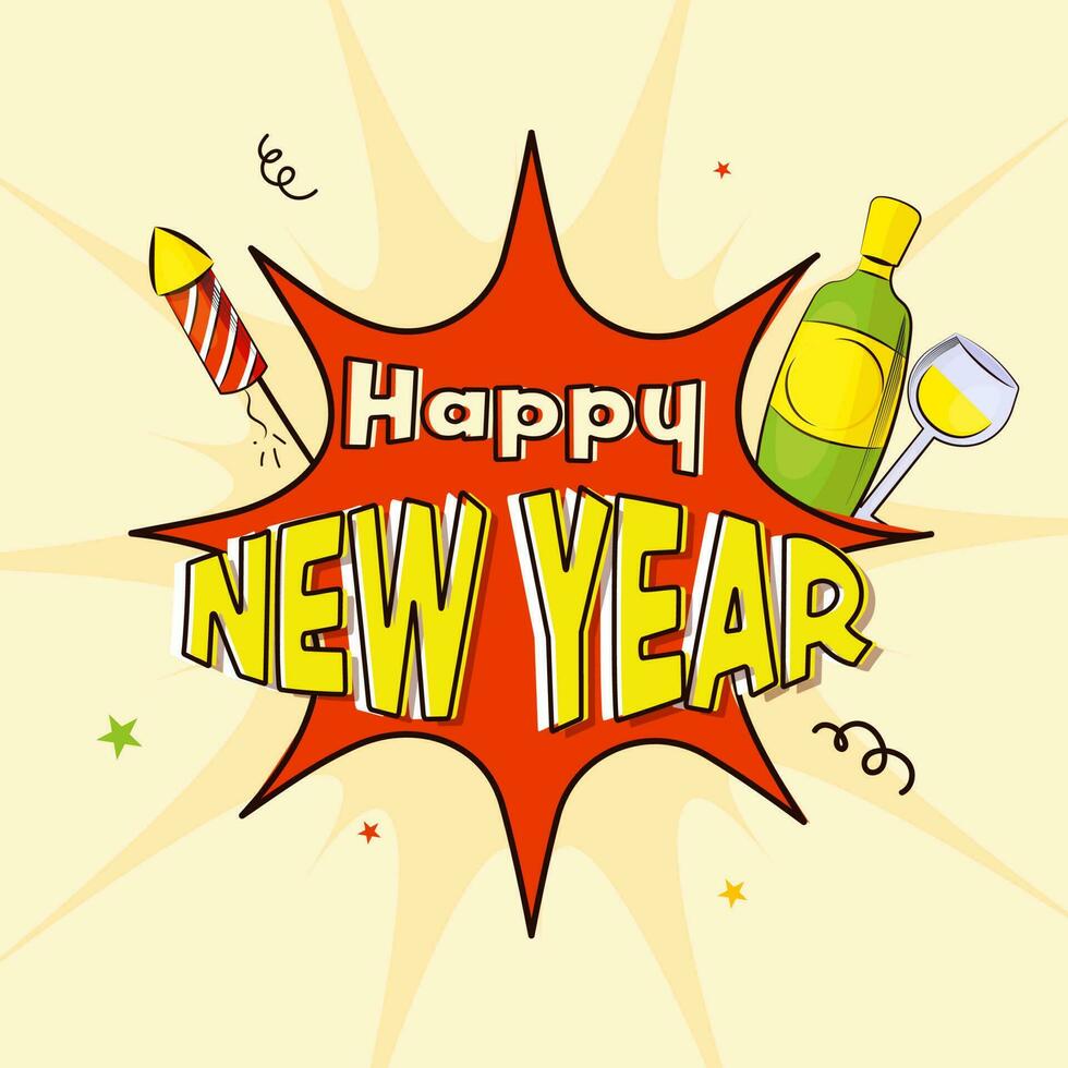 Happy New Year Font With Champagne Bottle, Drink Glass, Fireworks Rocket On Comic Starburst Background. vector