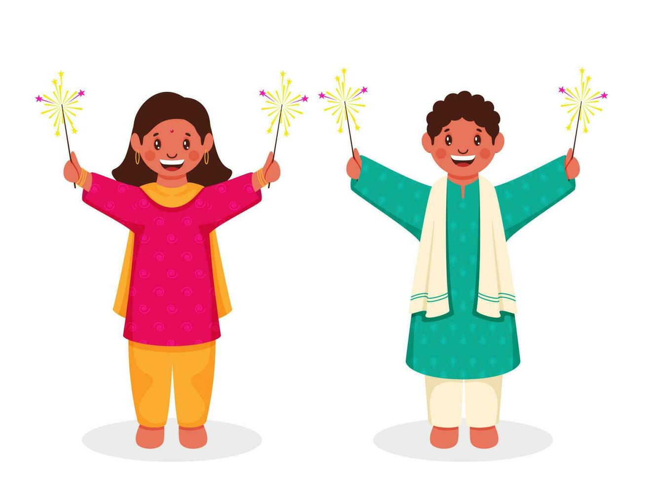 Cheerful Young Boy And Girl Holding Sparkling Sticks On White Background. vector