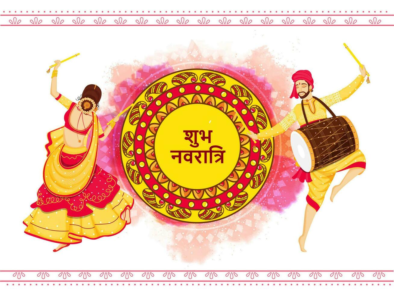 Shubh Navratri Hindi Text With Indian Woman Dancing And Drummer Man In Traditional Attire On Watercolor Effect background. vector