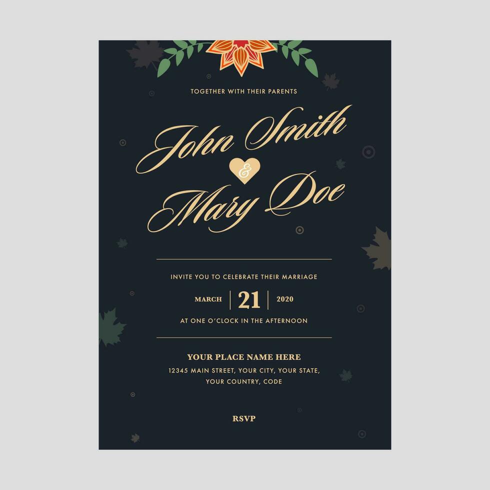 Boda invitación tarjeta modelo diseño con Pareja nombre y lugar de eventos detalles. vector