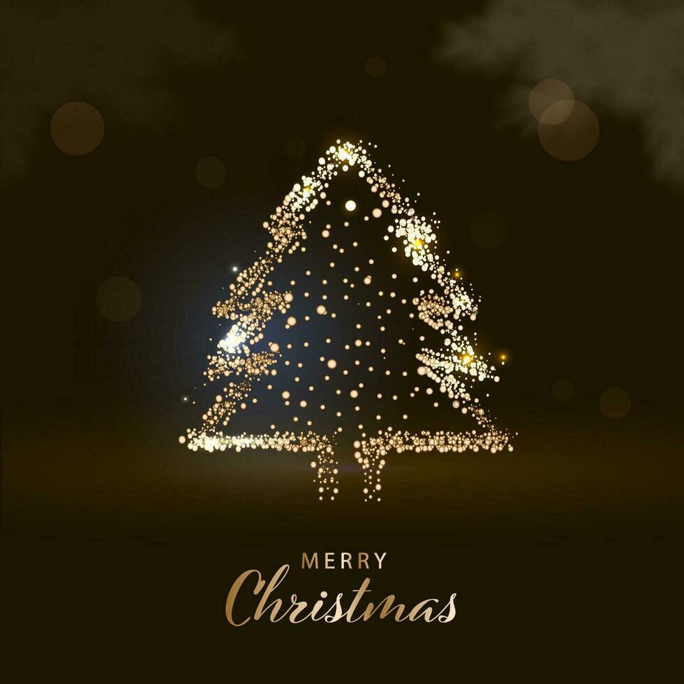 Merry Christmas Font With Xmas Tree Made By Golden Particles On Brown Background. vector