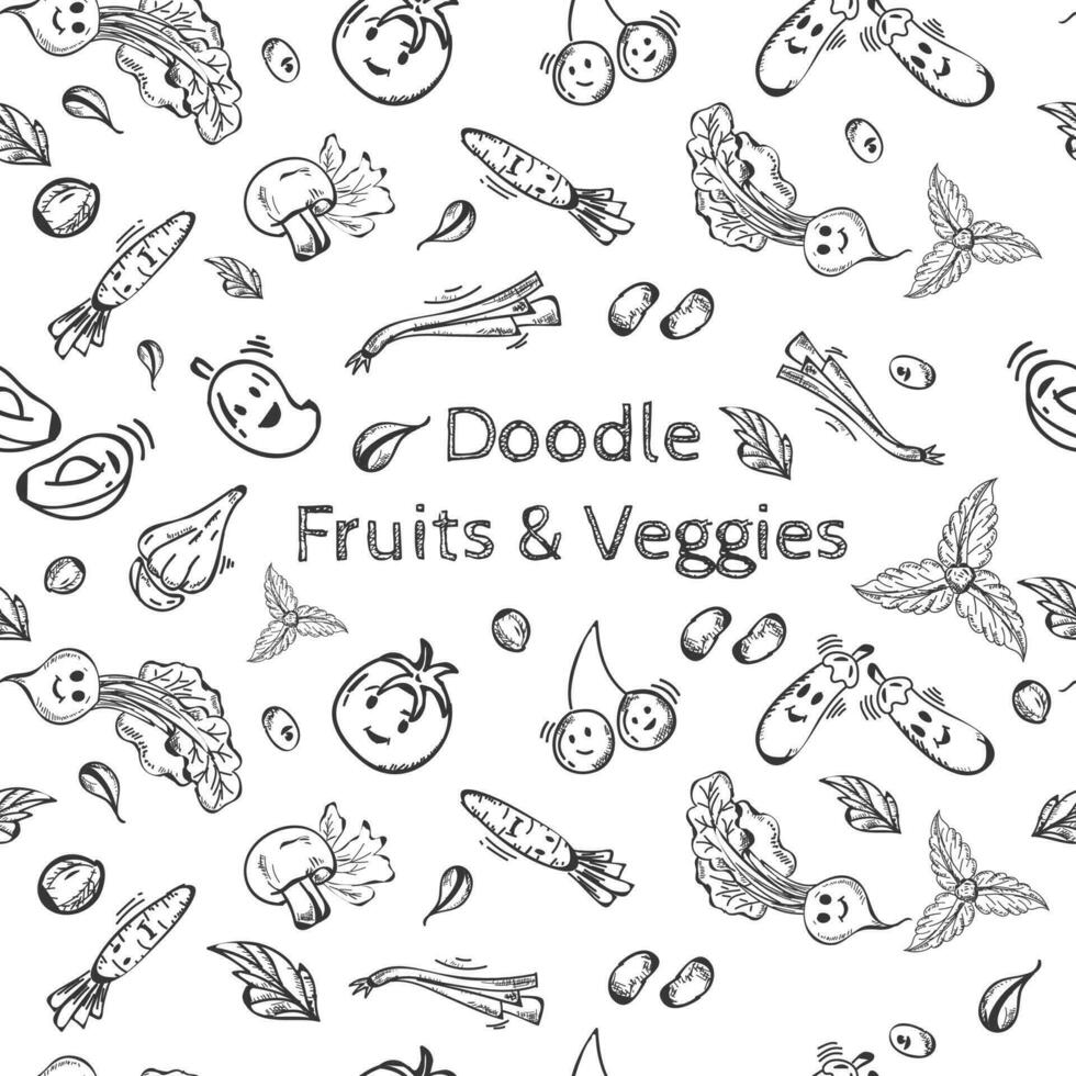 Black doodle style fruit and veggies background. vector