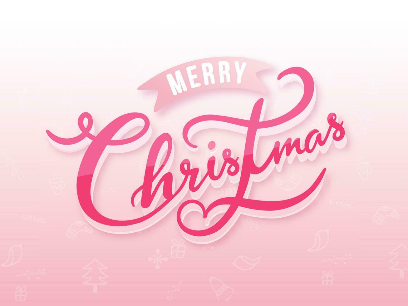 Merry Christmas Font Text on Pink and White Xmas Festival Elements Background. vector