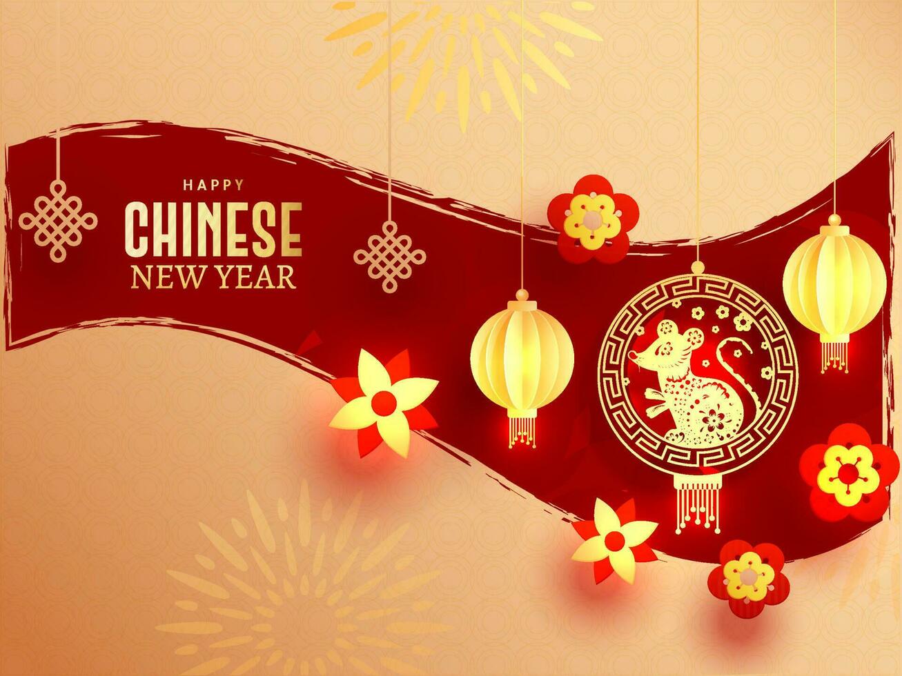 Greeting card design decorated with hanging paper cut lanterns, flowers with lights effect and rat zodiac sign for Happy Chinese New Year celebration. vector