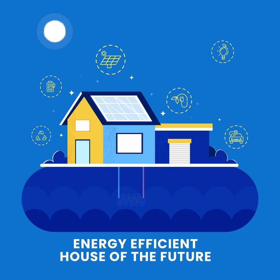 Energy Efficient House Of The Future Poster Design With House Illustration On Full Moon Blue Background. vector