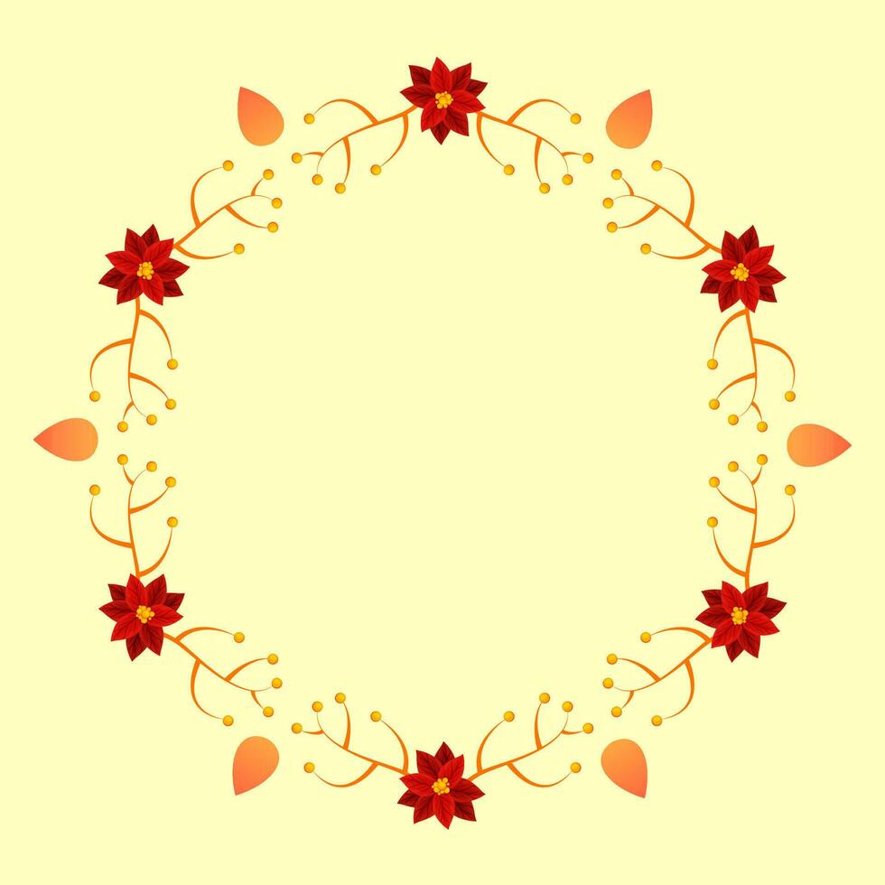 Hexagon Frame Made By Berry Branch And Poinsettia Flowers On Yellow Background With Copy Space. vector