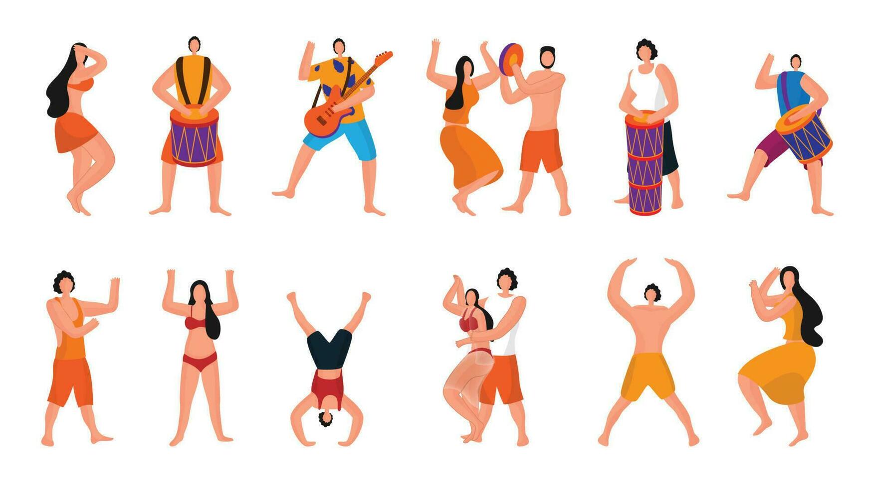 Faceless character of young people in different activity pose. Summer party concept on white background. vector
