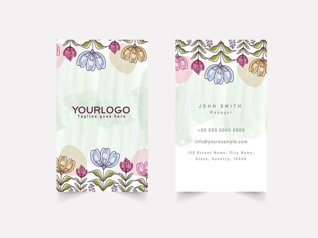 Vertical Floral Business Card Template In Front And Back Side. vector