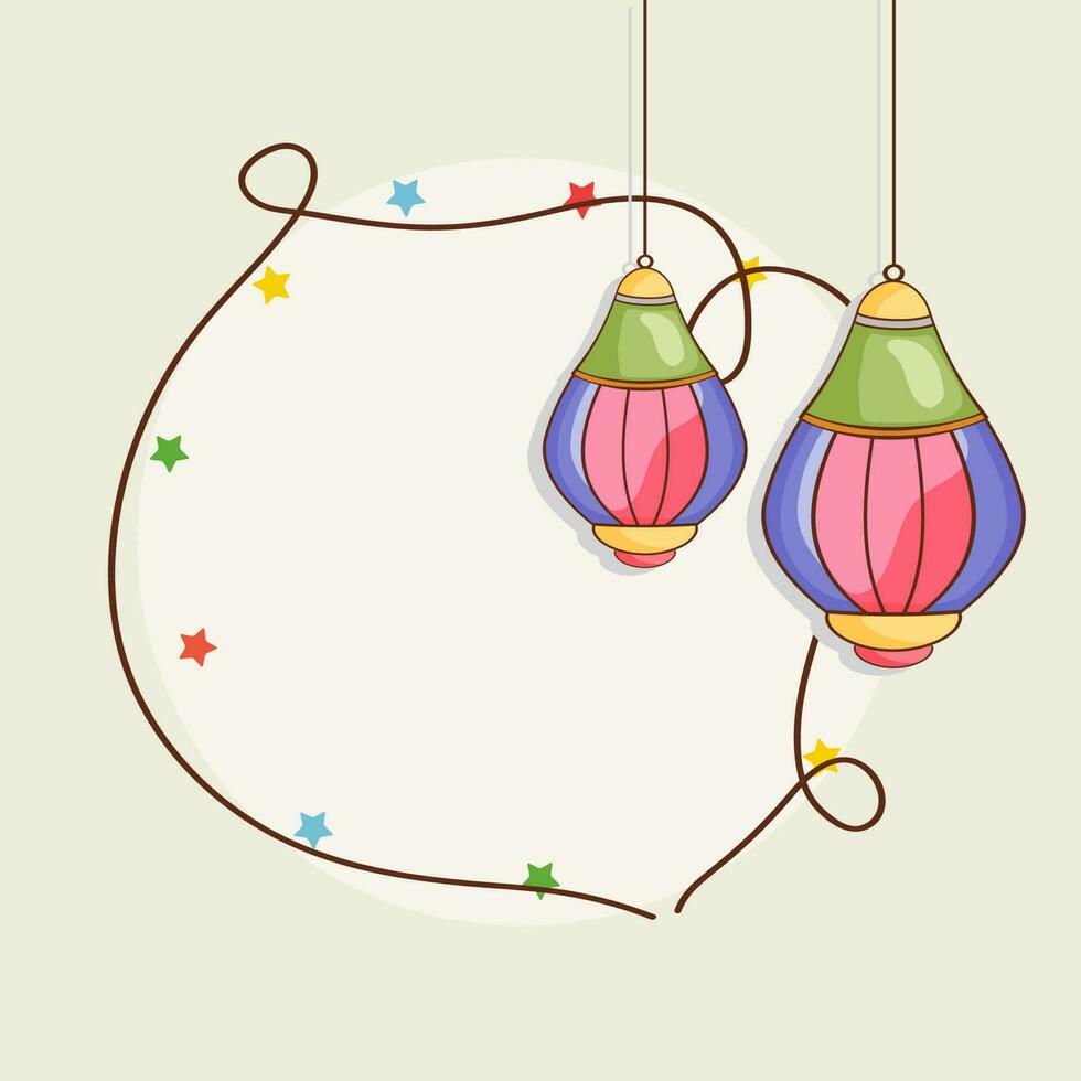 Colorful Glossy Arabic Lanterns Hang And Stars Decorated Background With Space For Text Message. vector