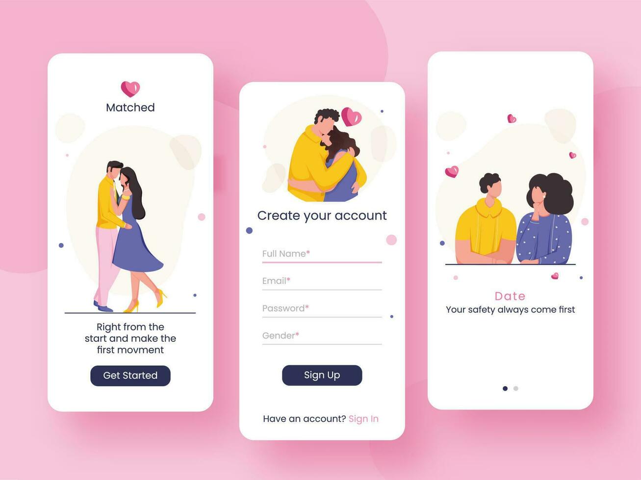 Set Of UI, UX, GUI Screens Perfect Matched Or Dating App Including Create Account, Sign In, Sign Up. vector
