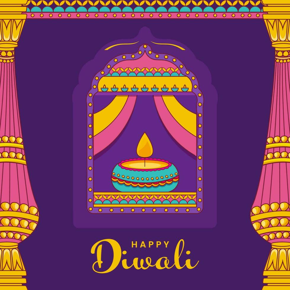 Happy Diwali Font With Lit Oil Lamp At Window And Pillars On Purple Background. vector