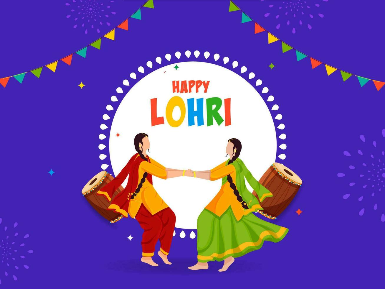 Happy Lohri Celebration Concept With Drum Instruments, Faceless Punjabi Women Doing Giddha Dance On Violet And White Background. vector