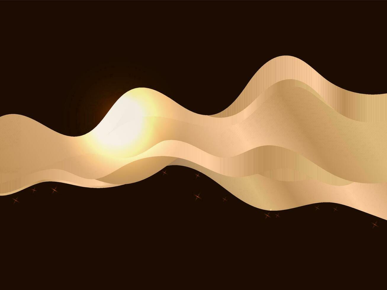 Golden Abstract Wave Curve With Glare Effect On Brown Background. vector