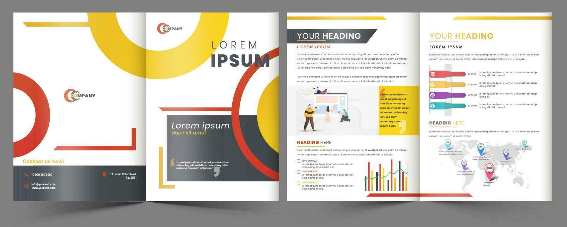 Front and Back View of Bi-Fold Brochure, Template or Cover Page Layout for Business Concept. vector