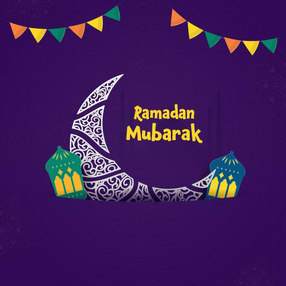 Ramadan Mubarak Concept With Elegant Crescent Moon, Arabic Lanterns, Silhouette Mosque And Bunting Flags On Purple Background. vector