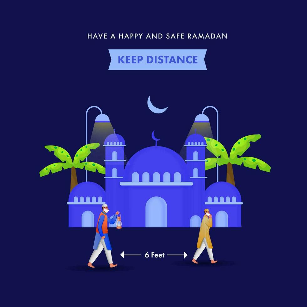 Two Muslim Men Wearing Safety Mask With Maintain Social Distance, Mosque Illustration, Palm Tree And Crescent Moon On Blue Background For Ramadan Festival. vector