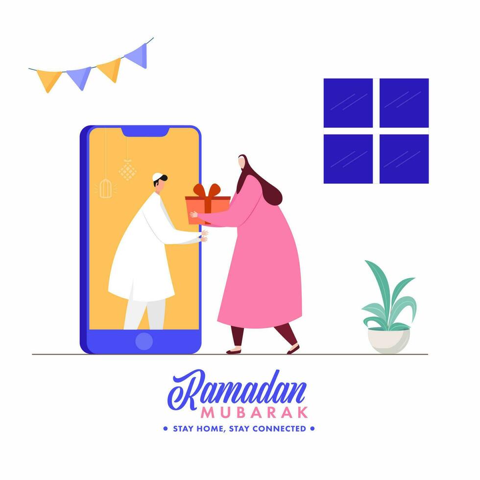 Ramadan Mubarak Concept With Muslim Woman Giving Gift To Man Through Smartphone For Avoid Coronavirus. vector