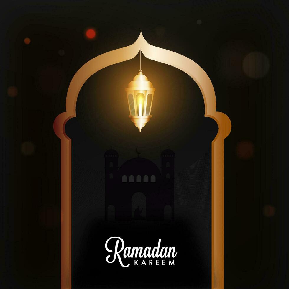 Ramadan Kareem Font With Golden Lit Lantern Hang On Black Silhouette Mosque Background. vector