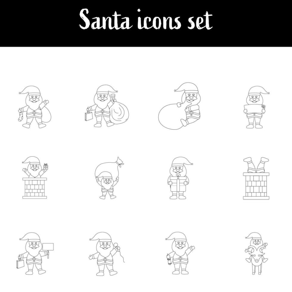 Black Line Art Illustration Of Santa Claus Icon Set On White Background. vector