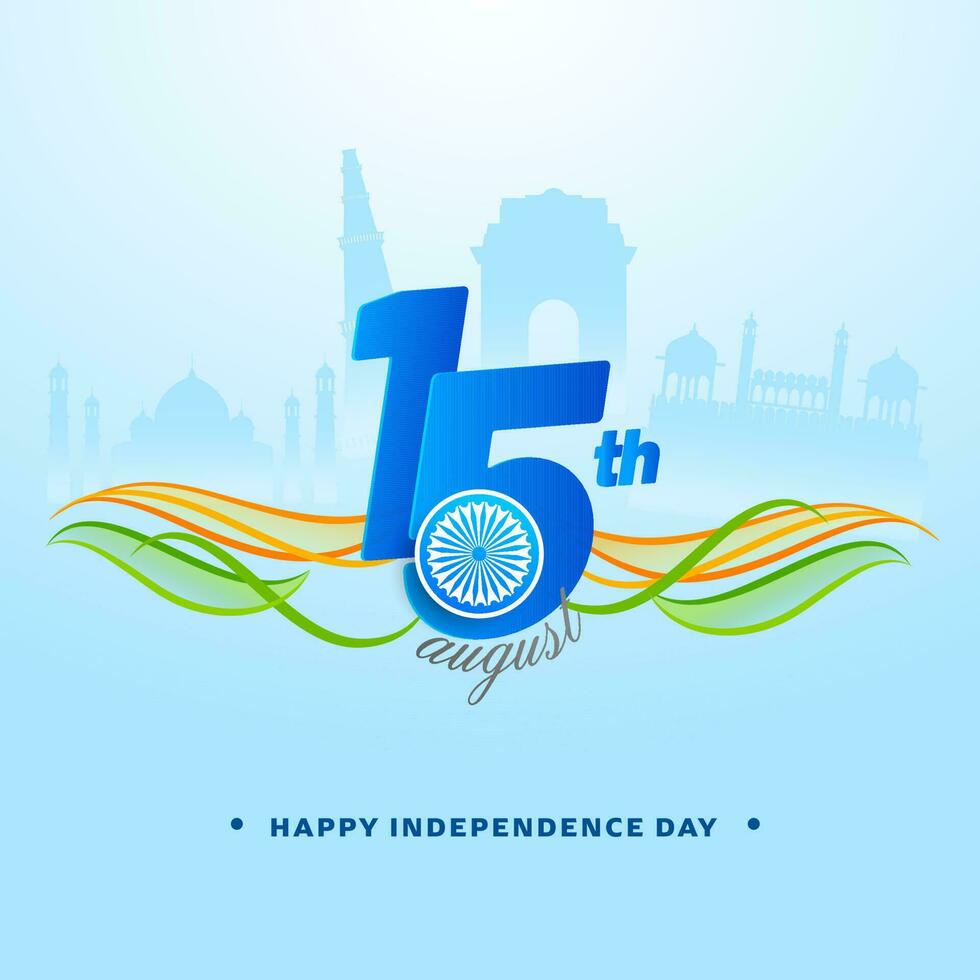 15th August Text With Ashoka Wheel, Abstract Waves On Blue Silhouette Famous Monument Background For Happy Independence Day Concept. vector