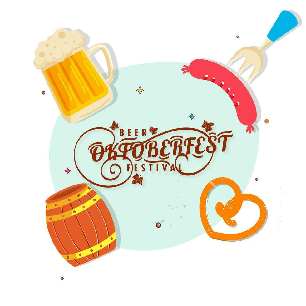 Oktoberfest cerveza festival fuente con bebida taza, galleta salada, barril y salchicha tenedor en blanco antecedentes. vector