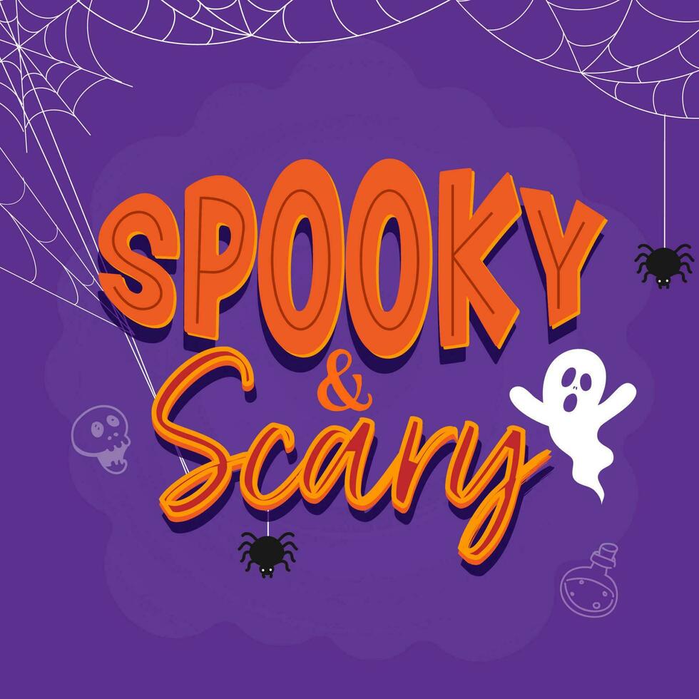 Paper Cut Spooky Scary Font With Cartoon Ghost And Spider Web On Purple Background. vector