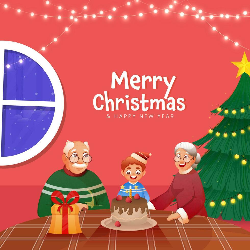 Cheerful Young Boy And His Grandparents Celebrating With Delicious Cake On Red Background For Merry Christmas and New Year. vector