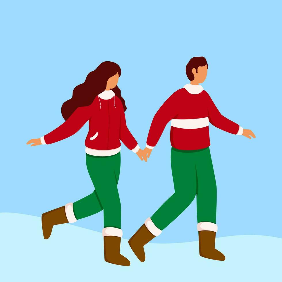 Faceless Young Couple Wear Woolen Clothes In Walking Pose. vector