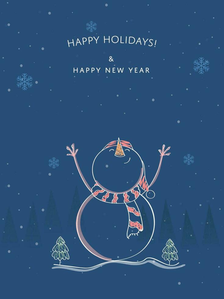 Happy Holidays And New Year Template Design With Doodle Style Snowman Looking Up At The Falling Snow On Blue Background. vector