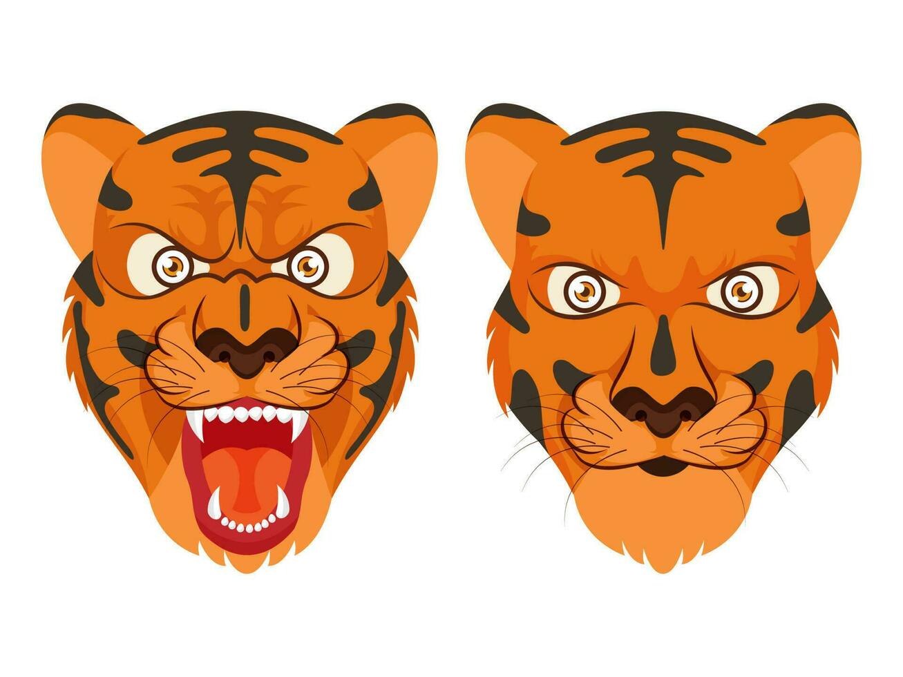 Tigre cara personaje en dos expresión en blanco antecedentes. vector